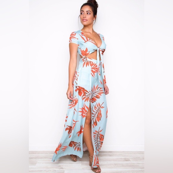 Latiste Mint Blue/Tropical Leaf Orange Island Hop Cut Out Maxi Dress. NWT Size S - Picture 8 of 13